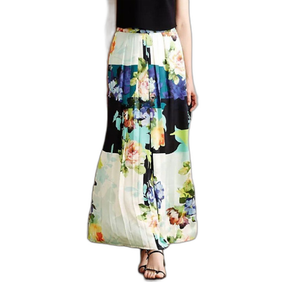 RANNA GILL Maxi Skirt, S, Color Block Floral, Pleated, Side Zipper, Multicolor - Picture 6 of 15